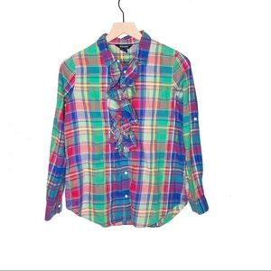 Ralph Lauren Girls XL Plaid Ruffle Button Down Shirt Preppy Multicolor